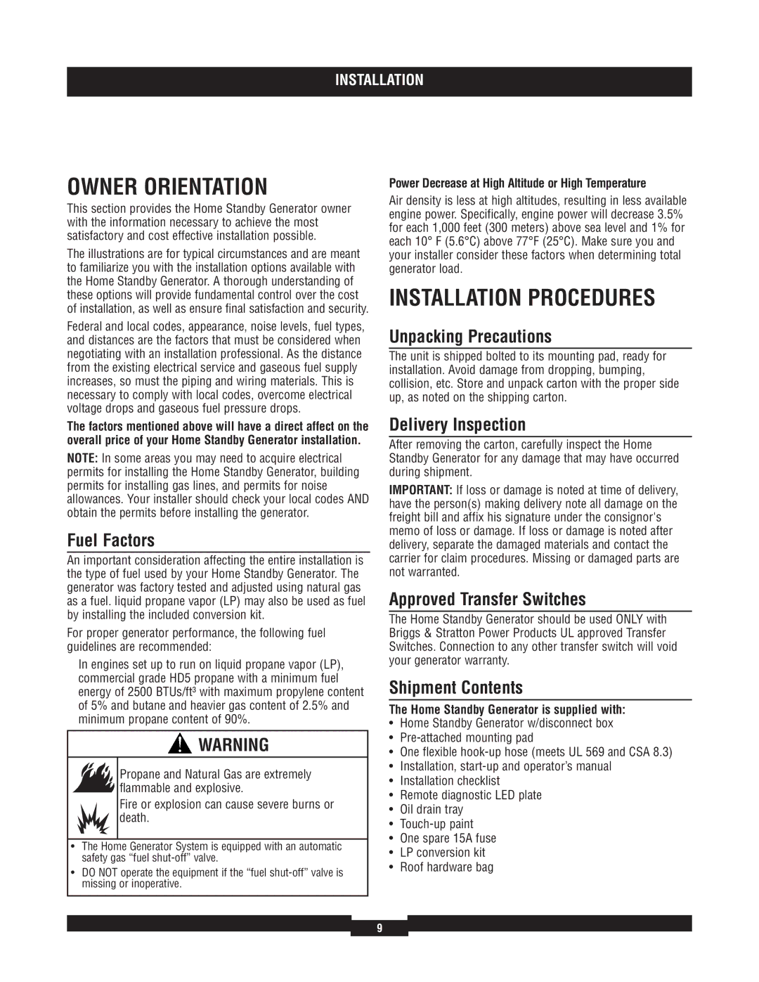 Briggs & Stratton 040220A manual Owner Orientation, Installation Procedures 