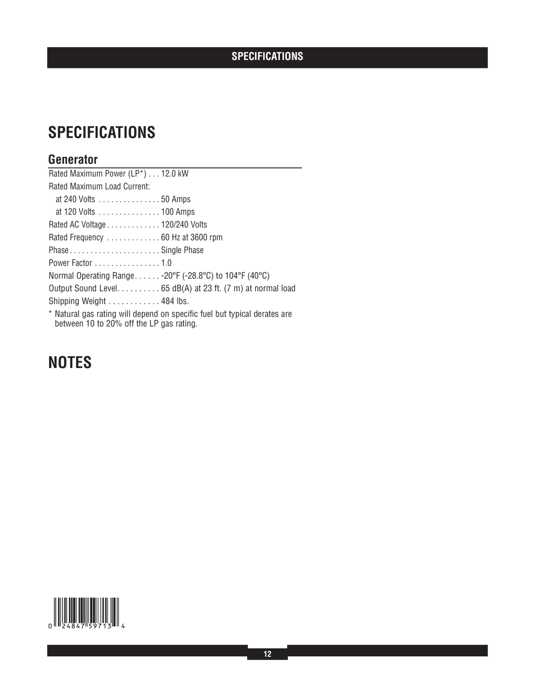Briggs & Stratton 040229-1 manual Specifications, Generator 
