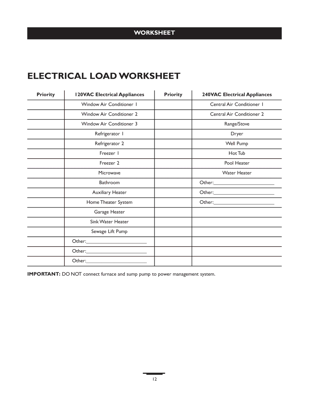 Briggs & Stratton 071013 manual Electrical Load Worksheet 