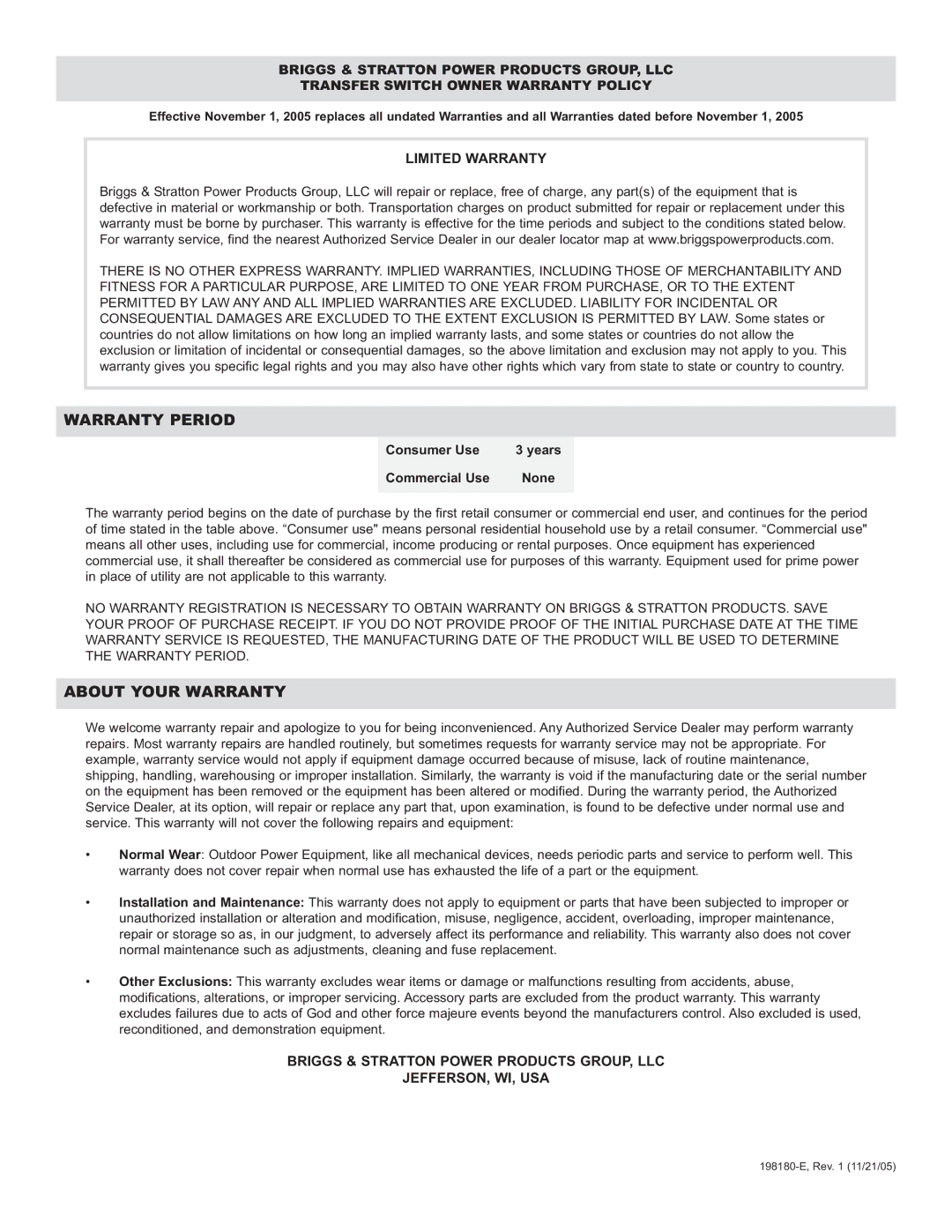 Briggs & Stratton 071013 manual Warranty Period 