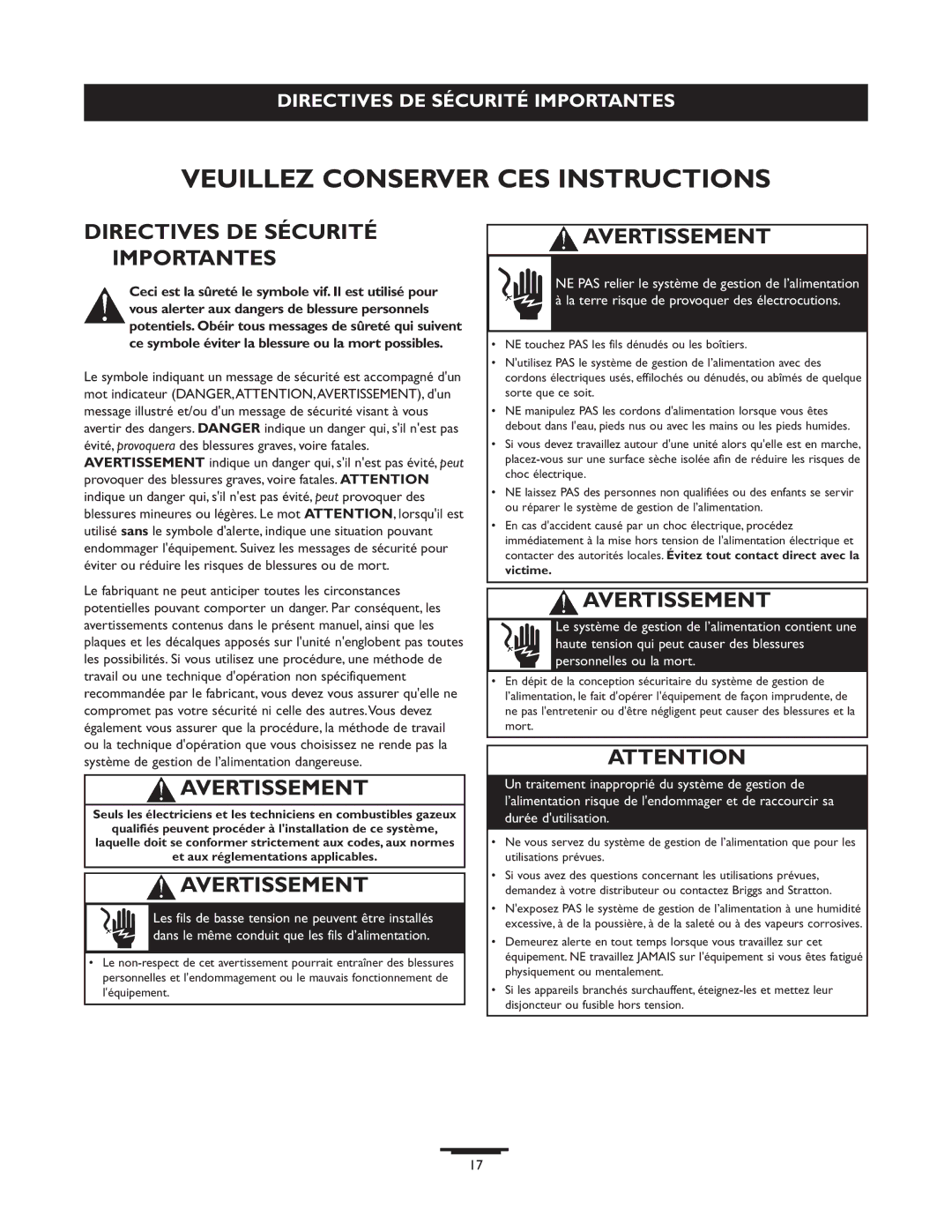 Briggs & Stratton 071013 manual Directives DE Sécurité Importantes, Avertissement 