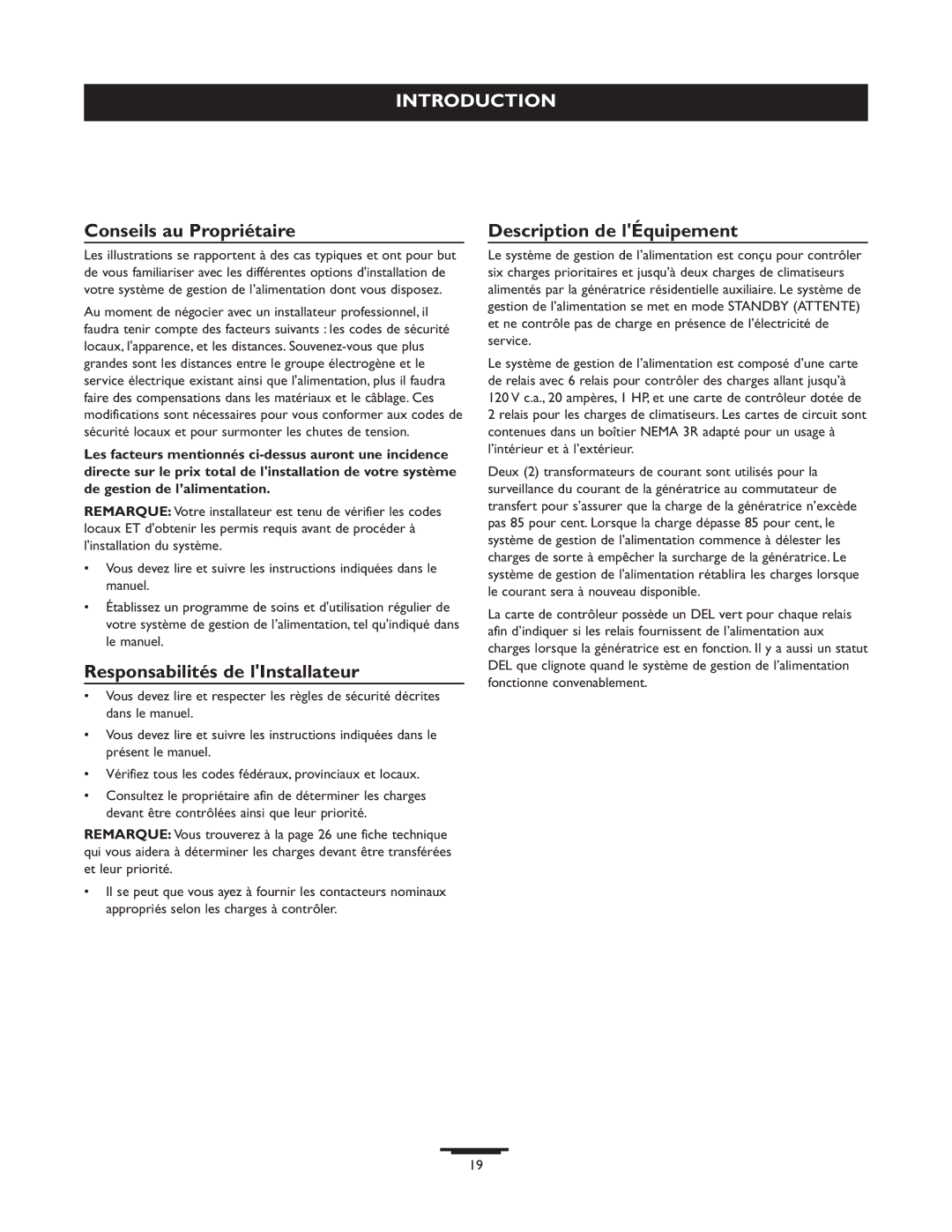 Briggs & Stratton 071013 manual Conseils au Propriétaire, Responsabilités de lInstallateur, Description de lÉquipement 