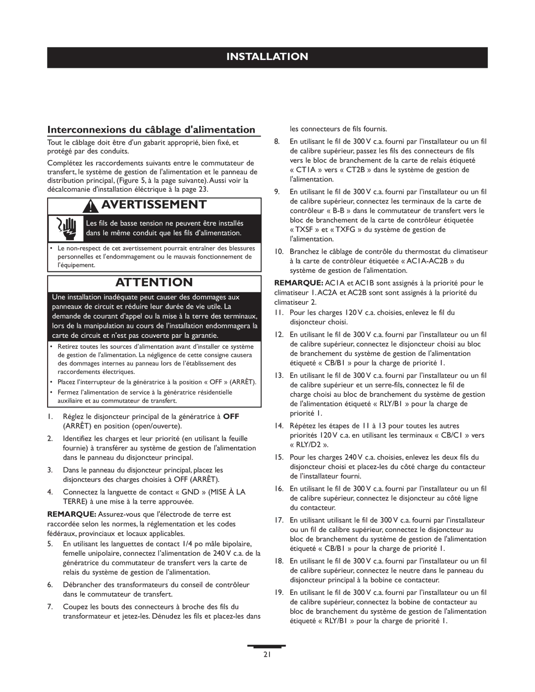 Briggs & Stratton 071013 manual Interconnexions du câblage dalimentation, Les connecteurs de fils fournis 