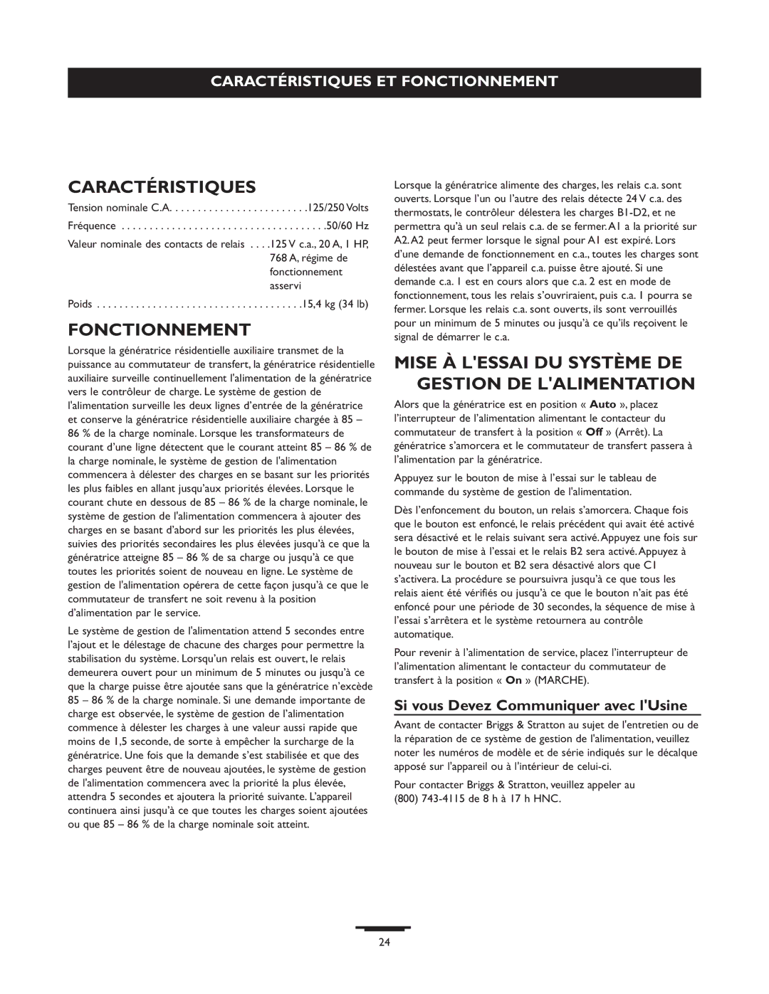 Briggs & Stratton 071013 manual Caractéristiques, Fonctionnement, Mise À Lessai DU Système DE Gestion DE Lalimentation 