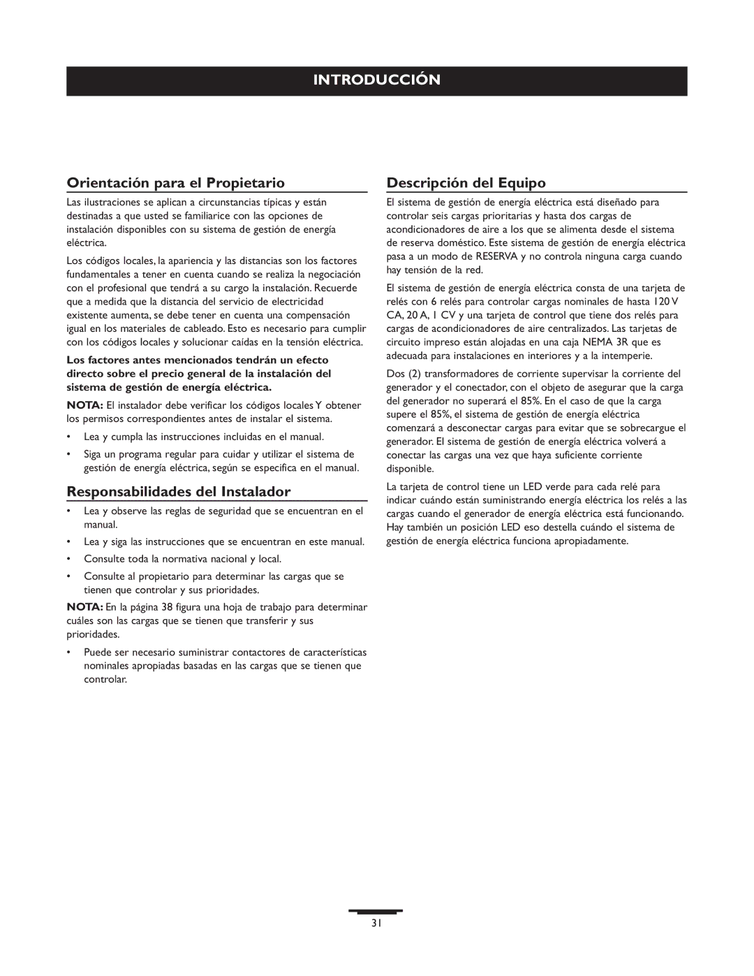 Briggs & Stratton 071013 manual Orientación para el Propietario, Responsabilidades del Instalador, Descripción del Equipo 