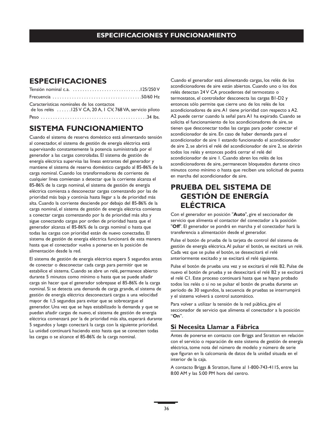 Briggs & Stratton 071013 Especificaciones, Sistema Funcionamiento, Prueba DEL Sistema DE Gestión DE Energía Eléctrica 