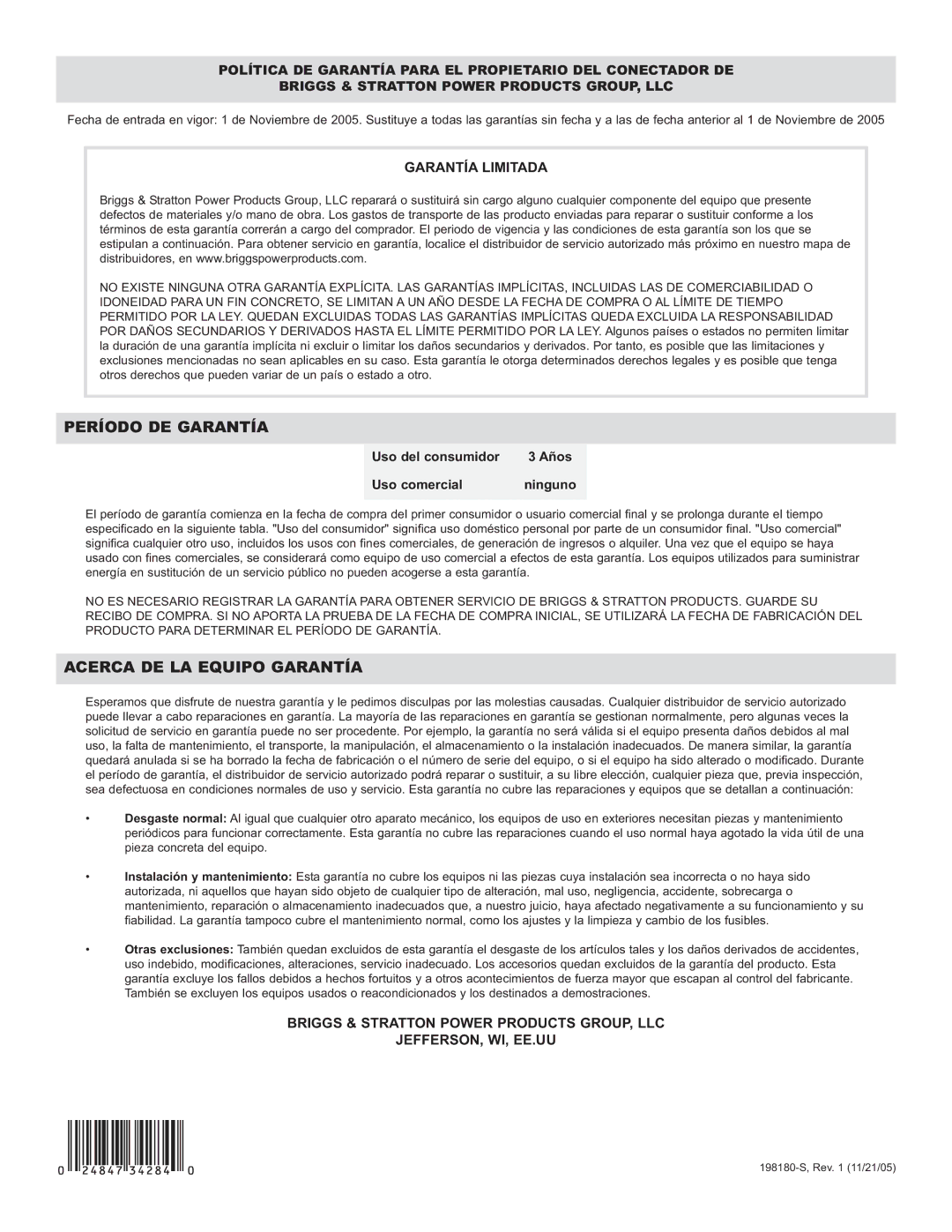 Briggs & Stratton 071013 manual Período DE Garantía 