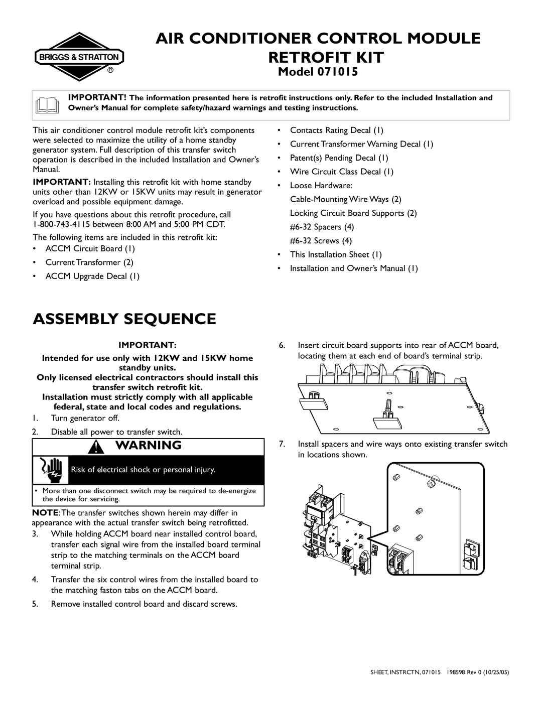 Briggs & Stratton 071015 owner manual AIR Conditioner Control Module Retrofit KIT, Assembly Sequence, Model 