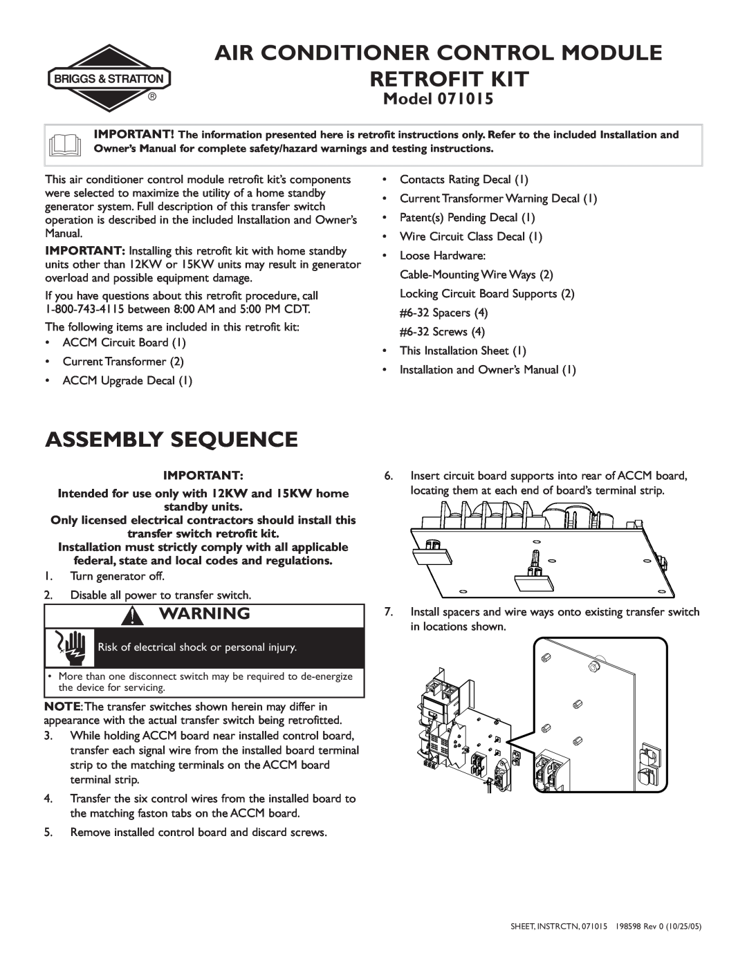 Briggs & Stratton 071015 owner manual Intended for use only with 12KW and 15KW home, standby units, Assembly Sequence 