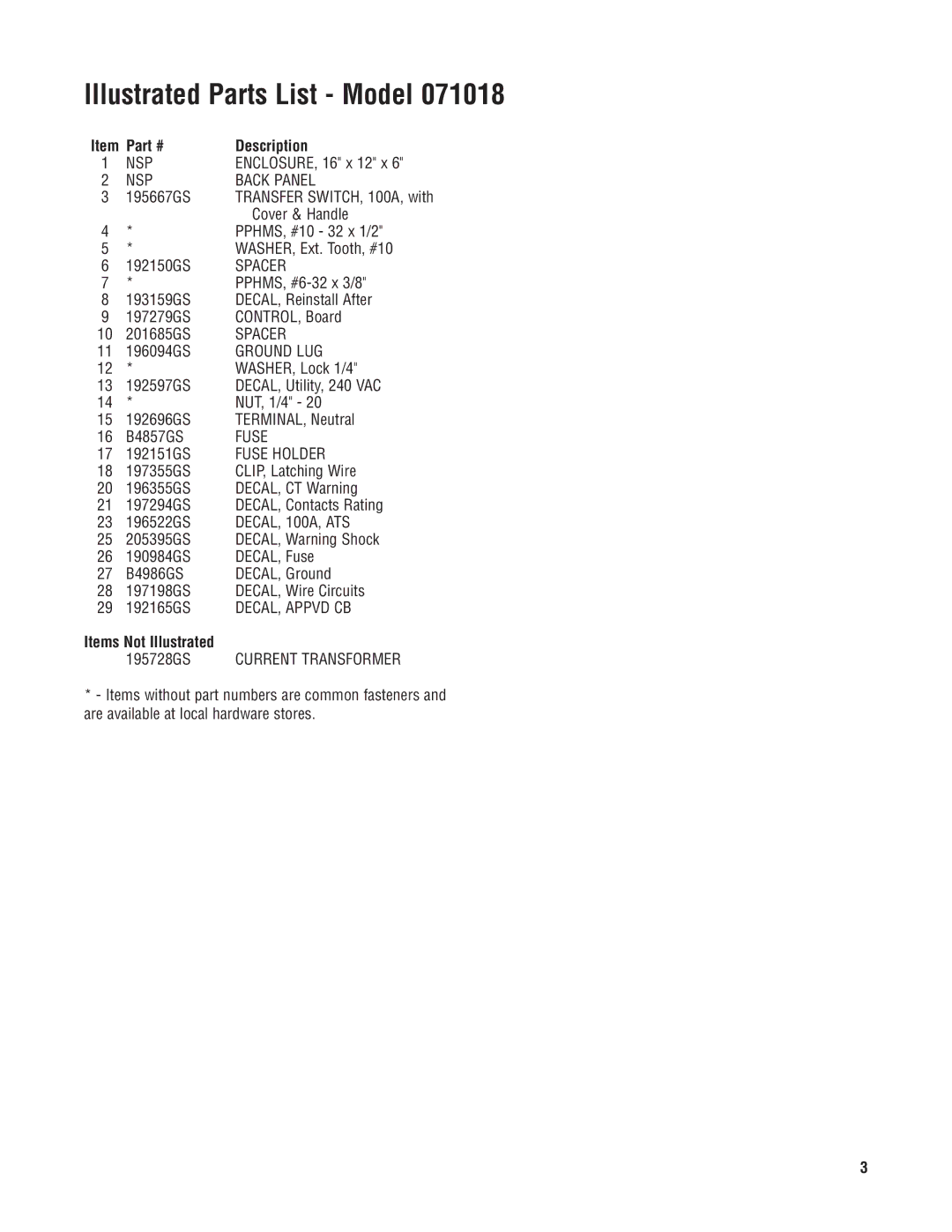 Briggs & Stratton 071018 manual Illustrated Parts List Model, Description, Items Not Illustrated 