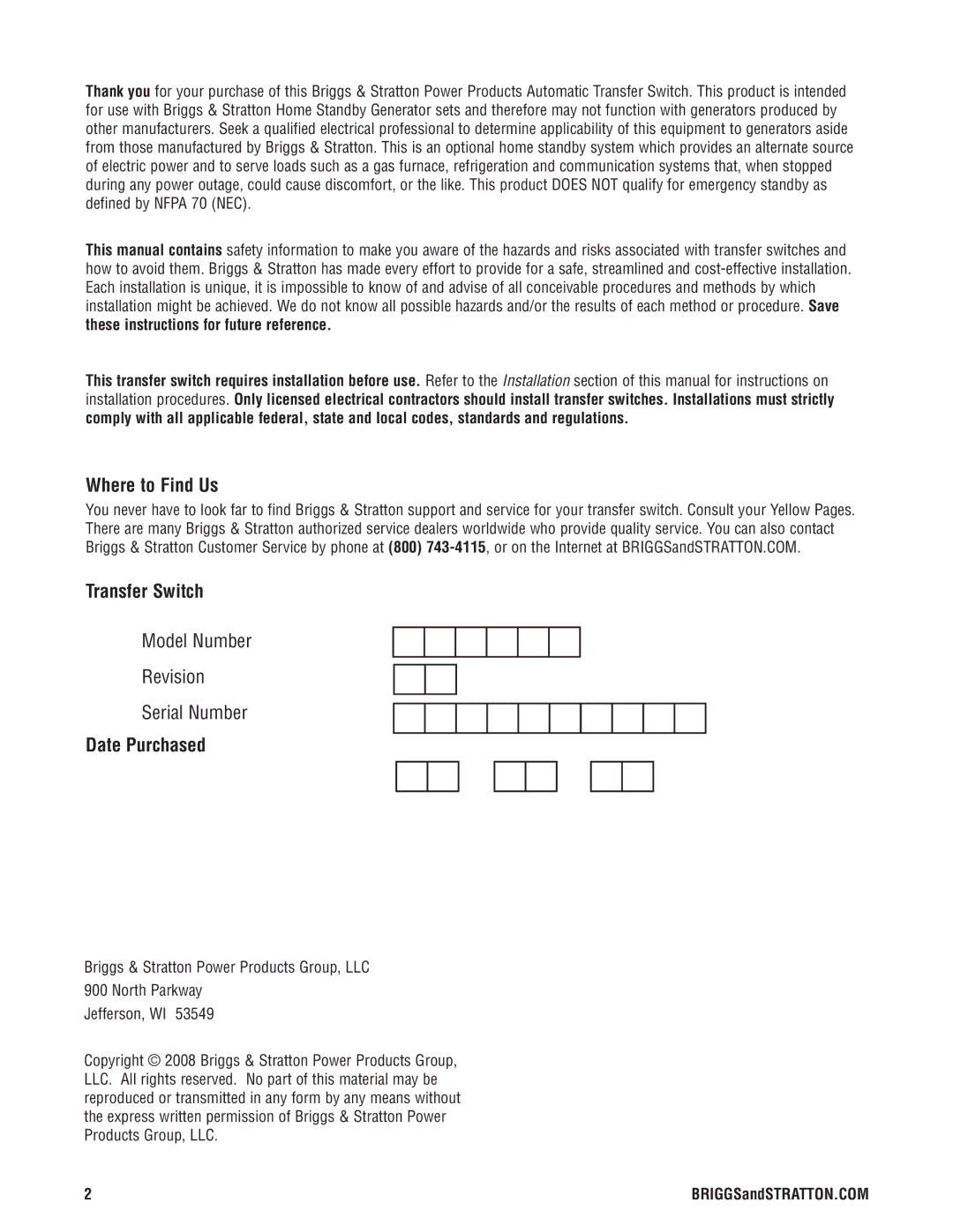 Briggs & Stratton 071019 manual Where to Find Us, Transfer Switch, Date Purchased 