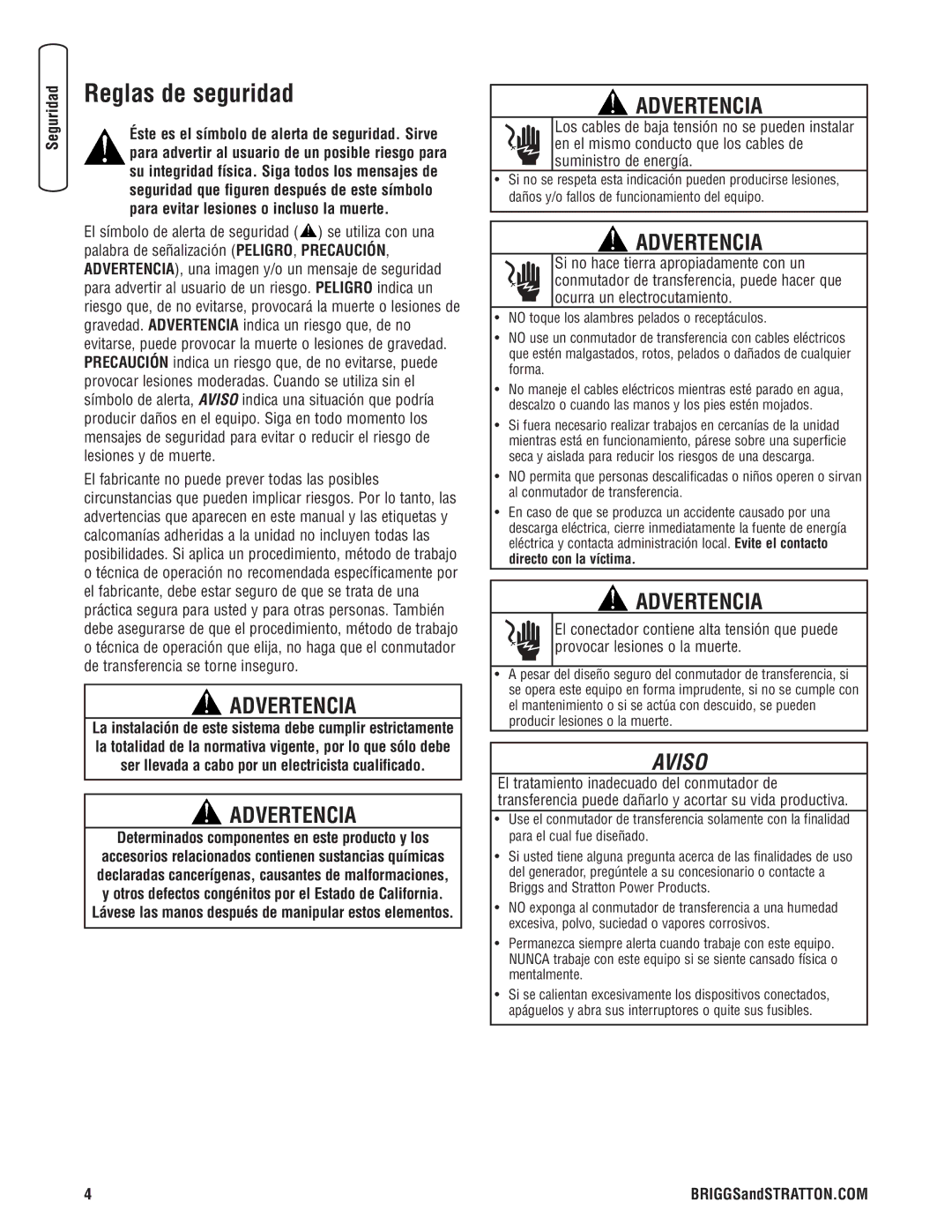 Briggs & Stratton 071019 manual Reglas de seguridad, Determinados componentes en este producto y los 