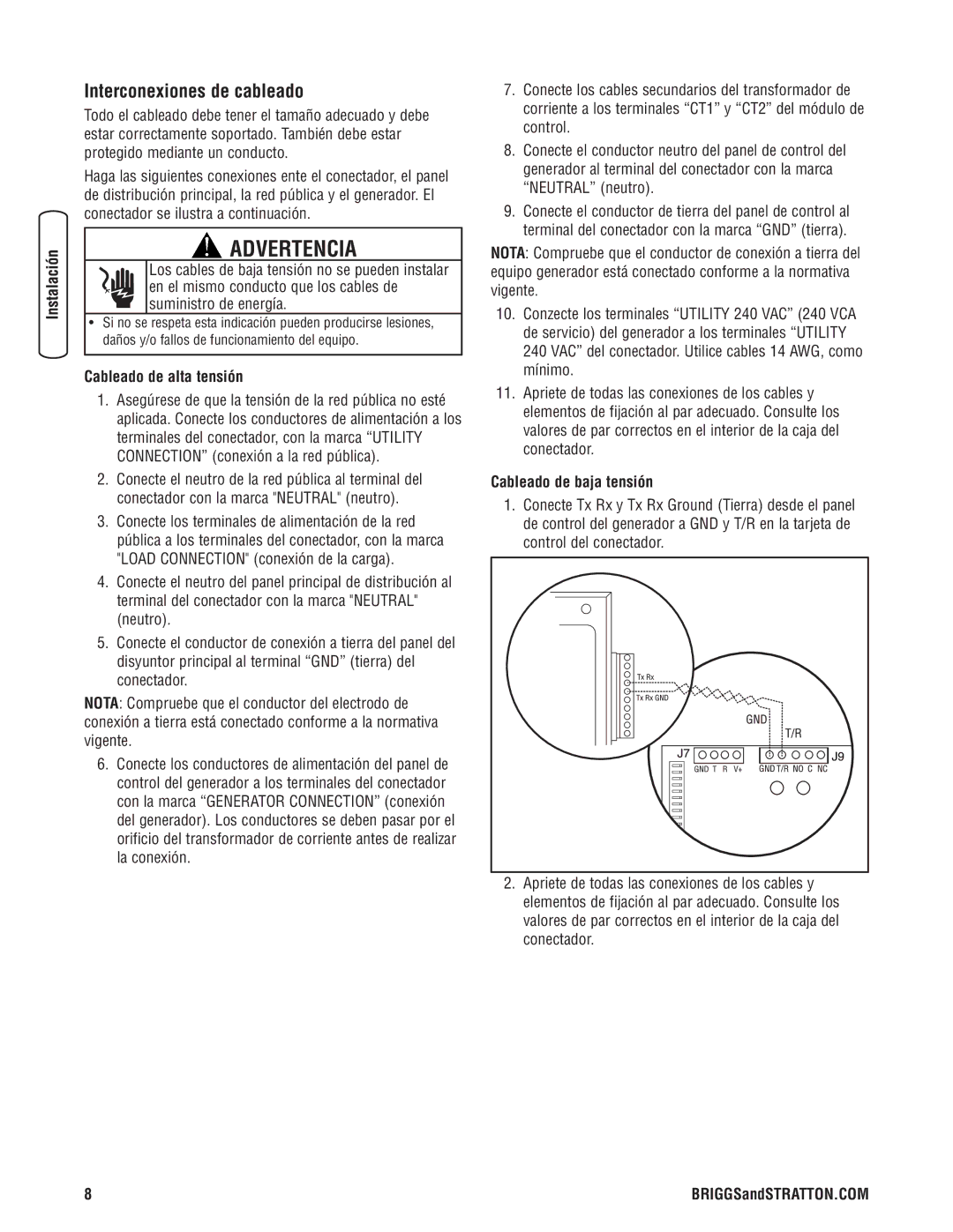 Briggs & Stratton 071019 manual Interconexiones de cableado, Cableado de alta tensión, Cableado de baja tensión 