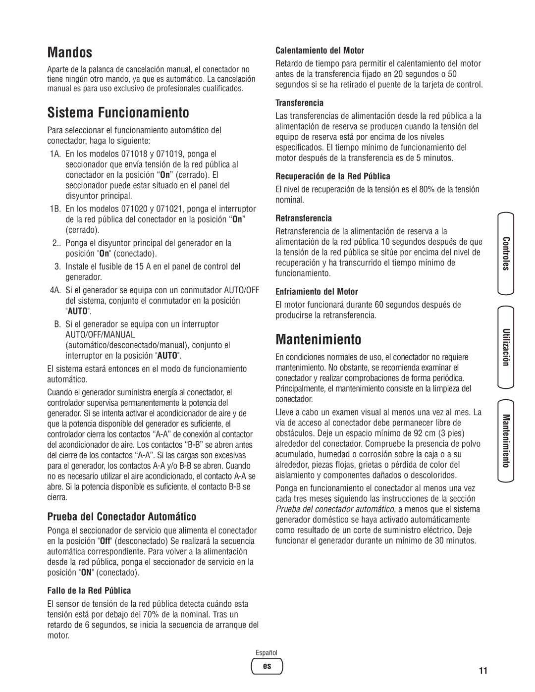 Briggs & Stratton 071019 manual Mandos, Sistema Funcionamiento, Mantenimiento, Prueba del Conectador Automático 