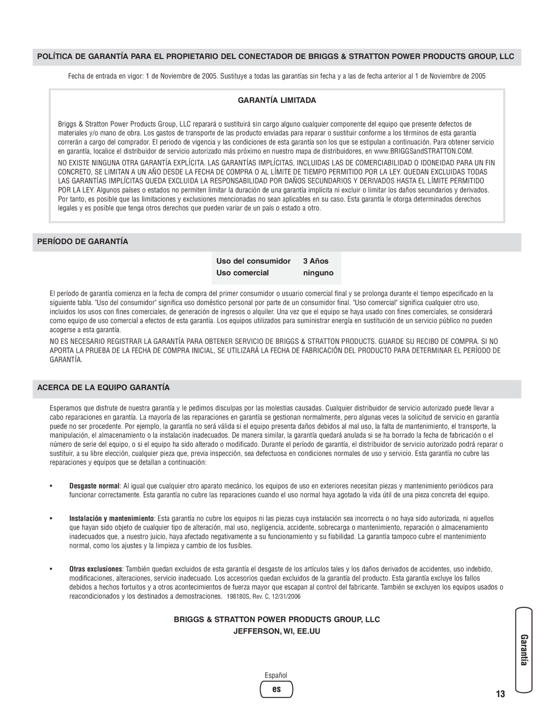 Briggs & Stratton 071019 manual Garantía Limitada 