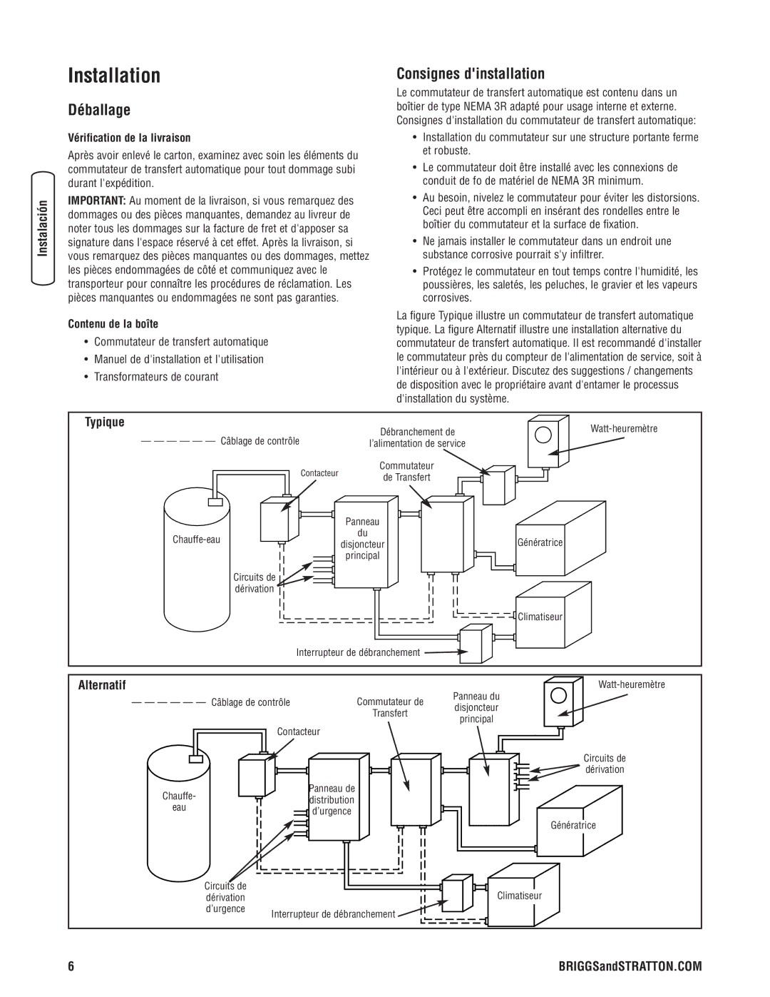 Briggs & Stratton 071019 manual Déballage, Consignes dinstallation, Sécurité Instalación Commandes, Alternatif 