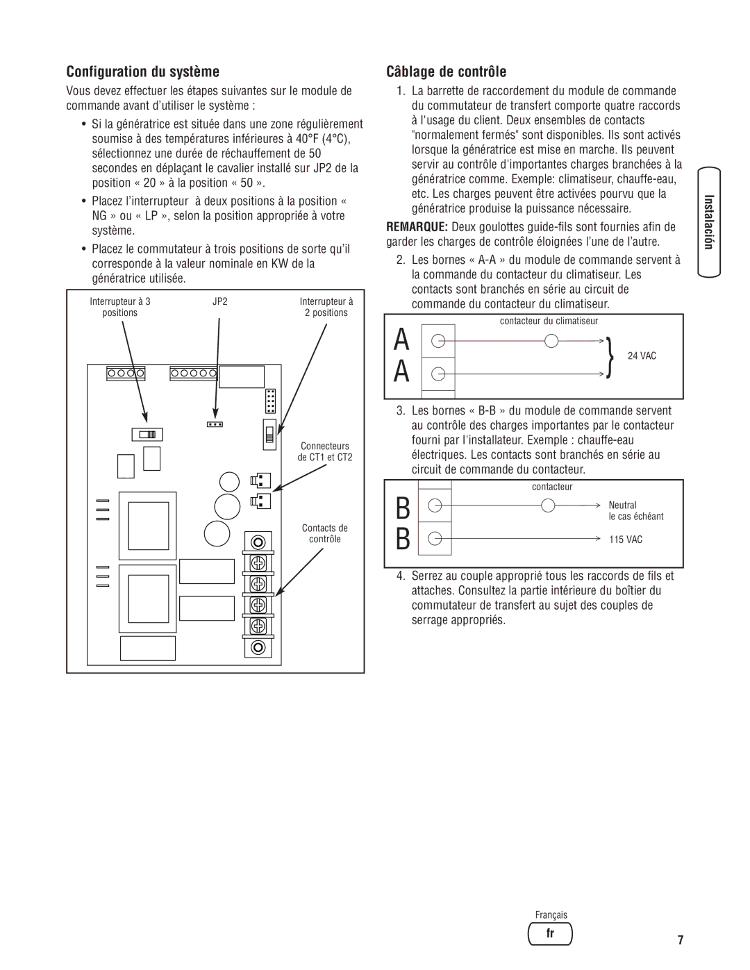 Briggs & Stratton 071019 manual Configuration du système, Câblage de contrôle, Sécurité Instalación 