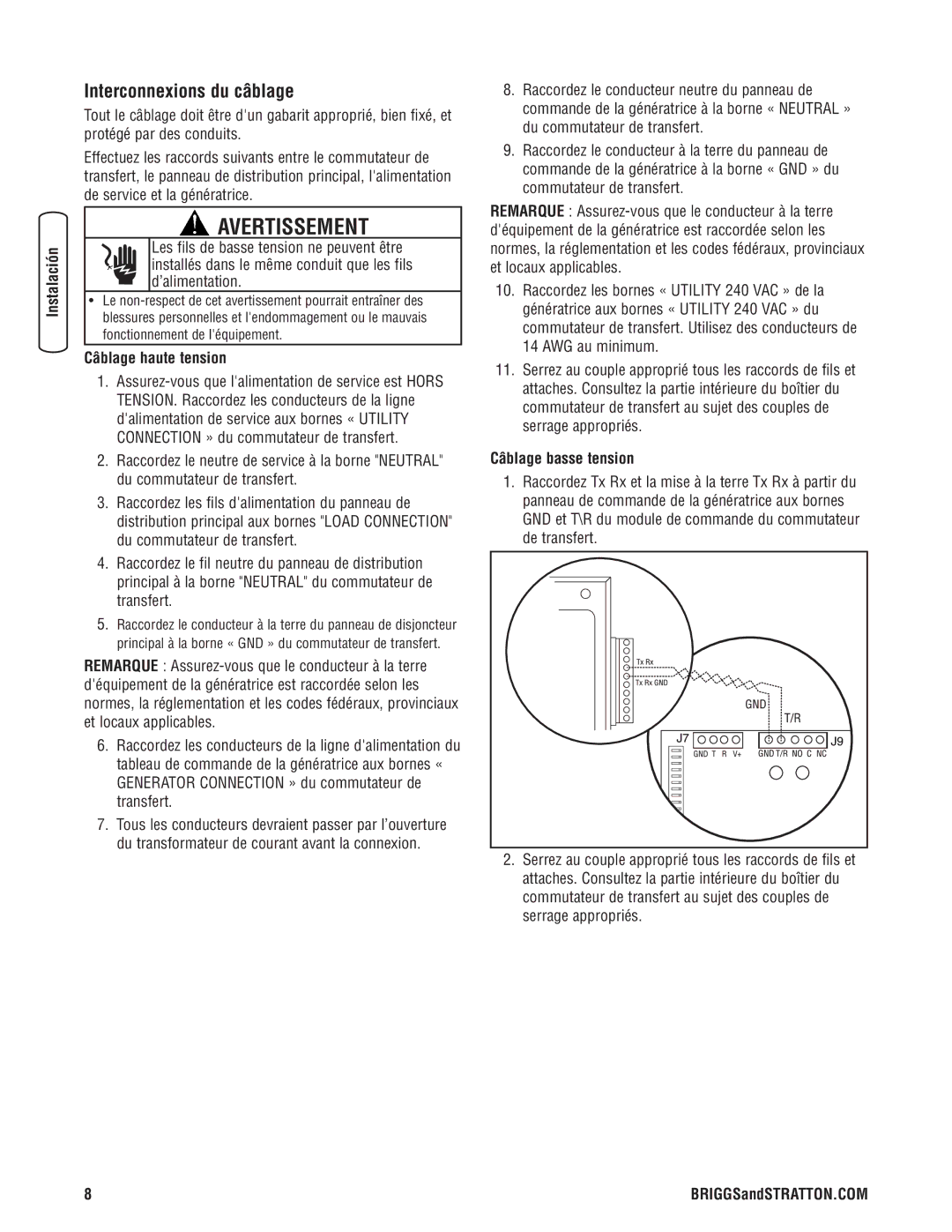 Briggs & Stratton 071019 manual Interconnexions du câblage, Câblage haute tension, Câblage basse tension 