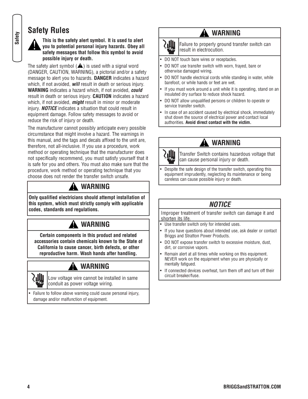 Briggs & Stratton 071019 manual Safety Rules, Certain components in this product and related 