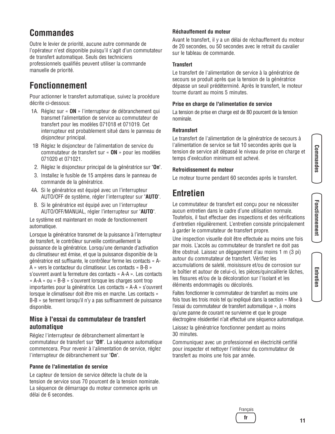 Briggs & Stratton 071019 manual Commandes, Fonctionnement, Entretien, Mise à lessai du commutateur de transfert automatique 