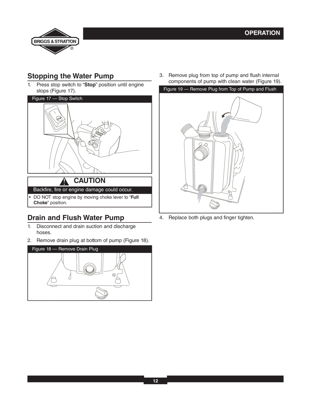 Briggs & Stratton 073000 manuel dutilisation Stopping the Water Pump, Drain and Flush Water Pump 