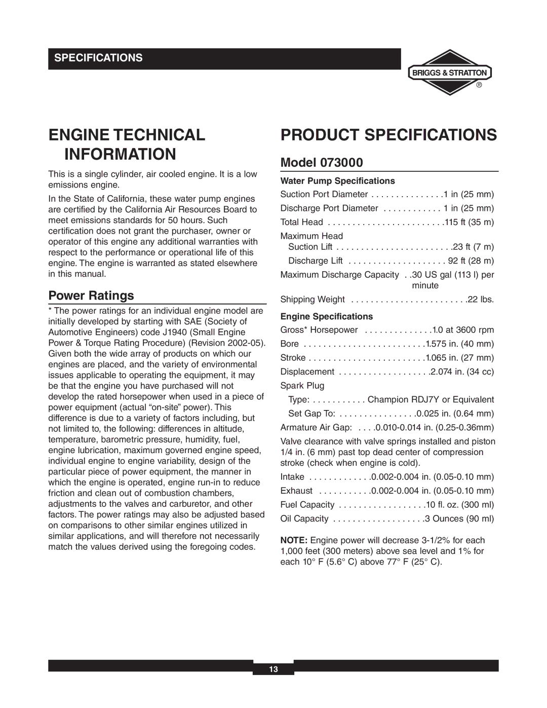 Briggs & Stratton 073000 manuel dutilisation Engine Technical Information, Product Specifications, Power Ratings, Model 