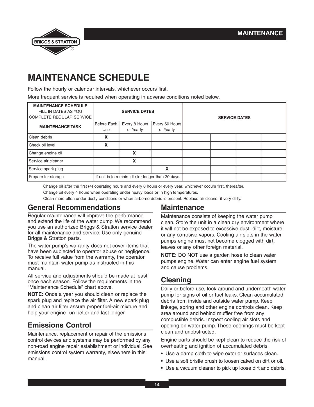 Briggs & Stratton 073000 manuel dutilisation Maintenance Schedule, General Recommendations, Emissions Control, Cleaning 