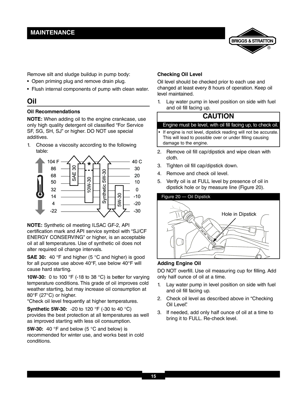 Briggs & Stratton 073000 manuel dutilisation Oil Recommendations, Checking Oil Level, Adding Engine Oil 