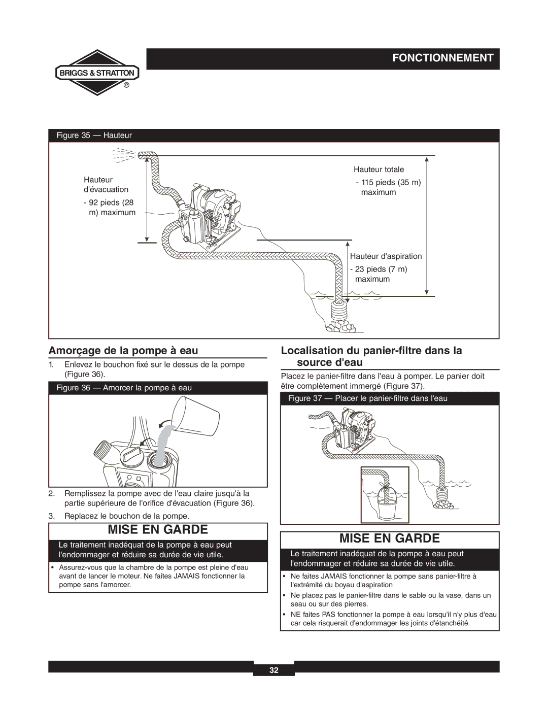 Briggs & Stratton 073000 manuel dutilisation Amorçage de la pompe à eau, Localisation du panier-filtre dans la source deau 