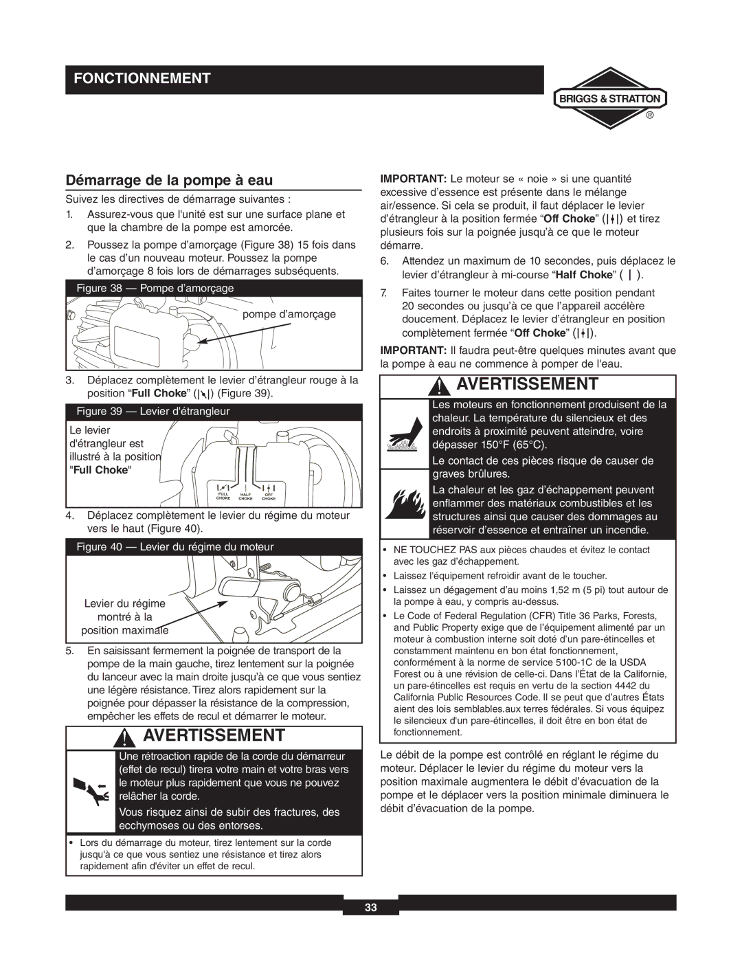 Briggs & Stratton 073000 manuel dutilisation Démarrage de la pompe à eau, Pompe d’amorçage 