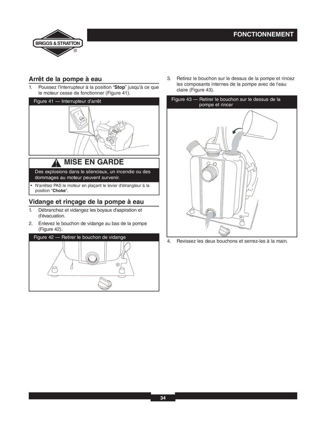 Briggs & Stratton 073000 manuel dutilisation Arrêt de la pompe à eau, Vidange et rinçage de la pompe à eau 