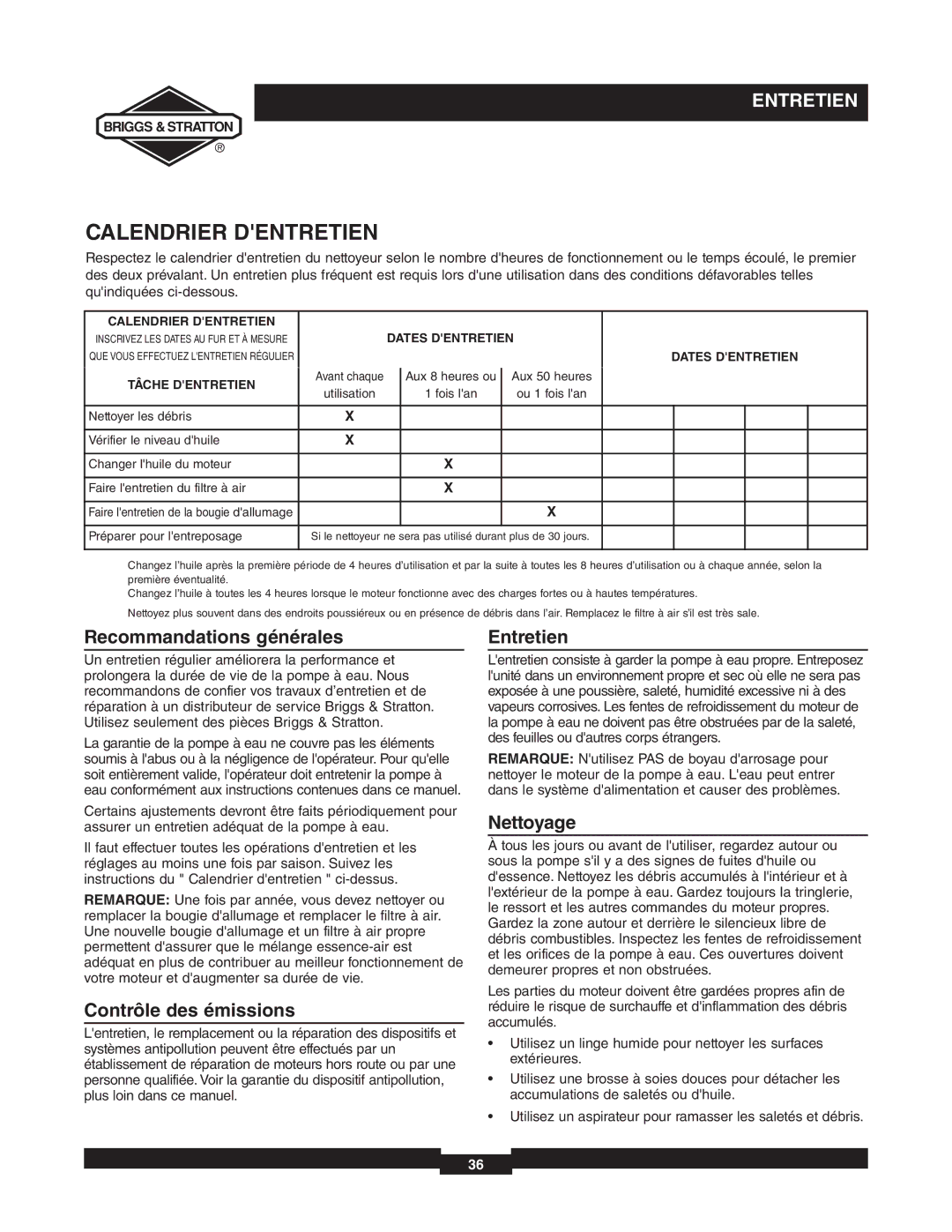 Briggs & Stratton 073000 Calendrier Dentretien, Recommandations générales, Contrôle des émissions, Entretien, Nettoyage 