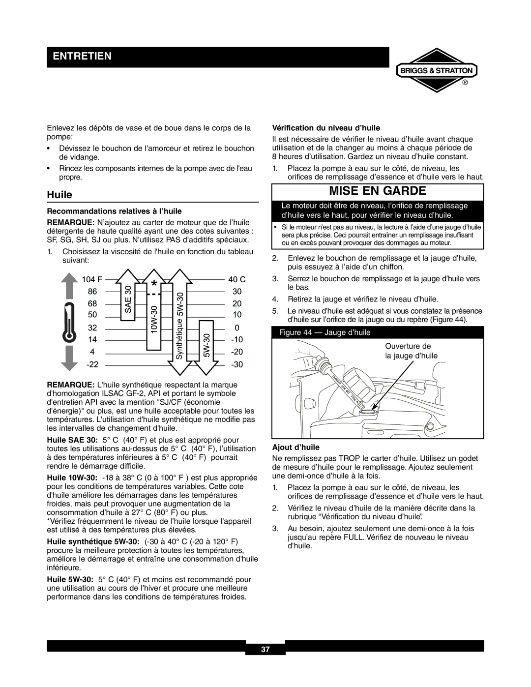 Briggs & Stratton 073000 Huile, Vérification du niveau d’huile, Recommandations relatives à l’huile, Ajout d’huile 