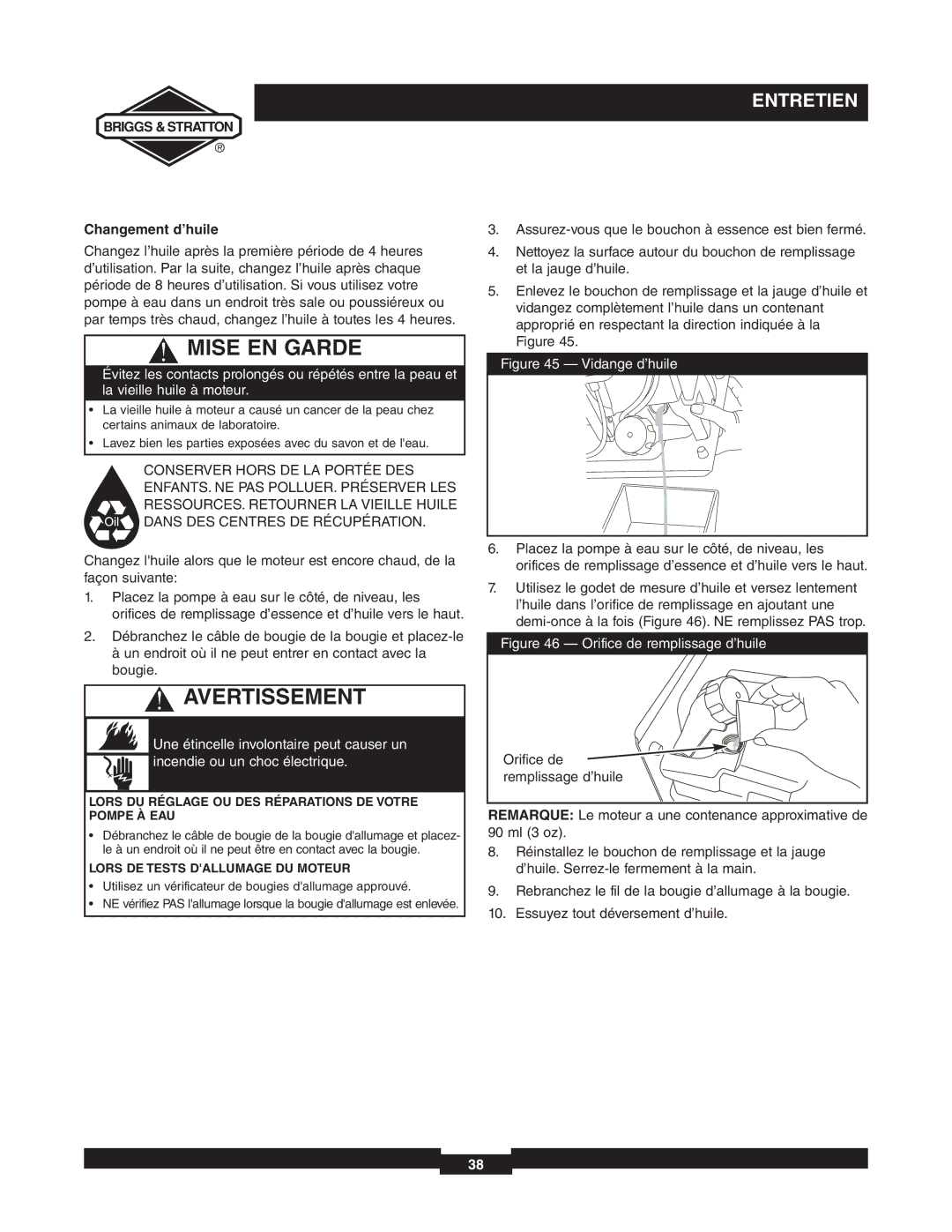 Briggs & Stratton 073000 manuel dutilisation Changement d’huile, Lors DU Réglage OU DES Réparations DE Votre Pompe À EAU 