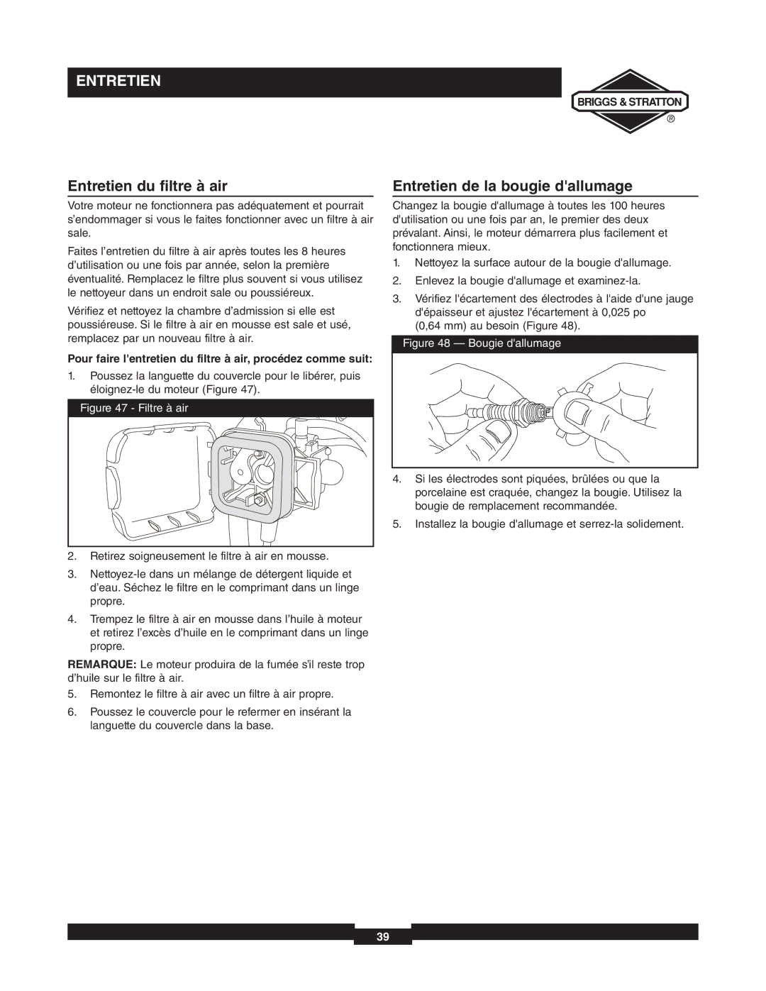 Briggs & Stratton 073000 manuel dutilisation Entretien du filtre à air, Entretien de la bougie dallumage 