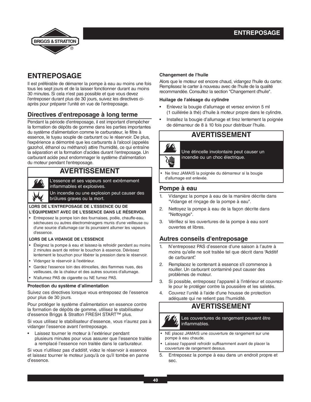 Briggs & Stratton 073000 Entreposage, Directives dentreposage à long terme, Pompe à eau, Autres conseils dentreposage 