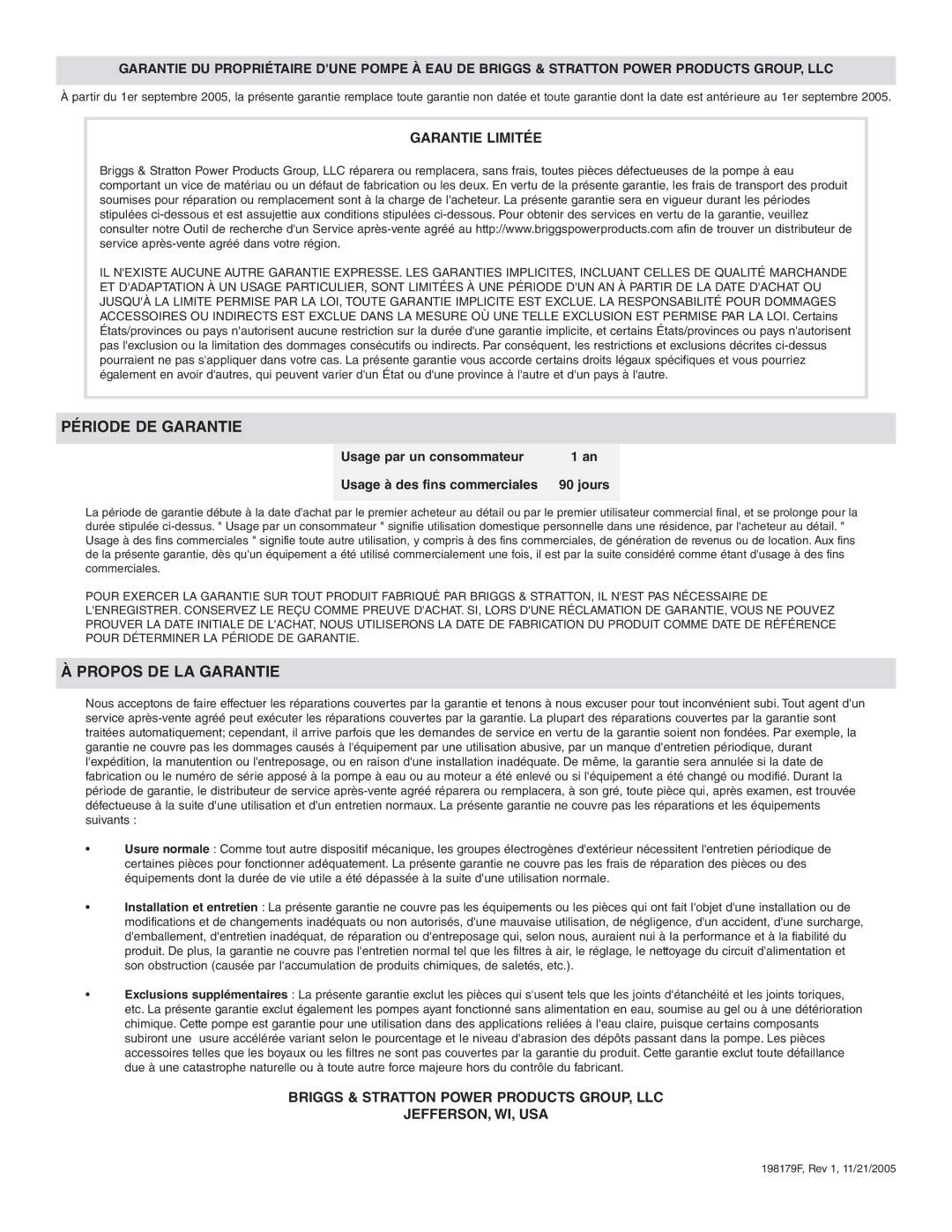 Briggs & Stratton 073000 manuel dutilisation Période DE Garantie, Garantie Limitée 