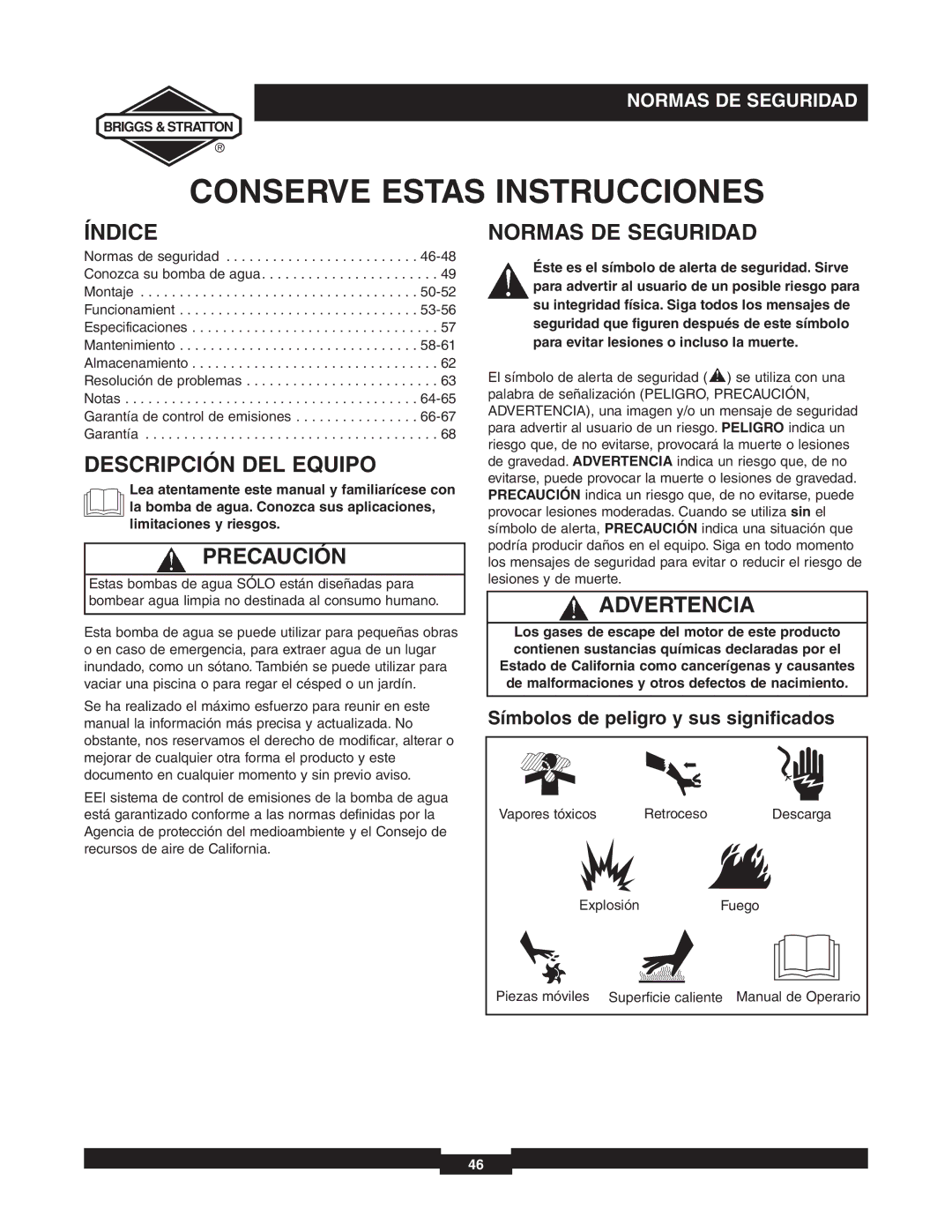 Briggs & Stratton 073000 manuel dutilisation Índice, Descripción DEL Equipo, Precaución, Normas DE Seguridad, Advertencia 