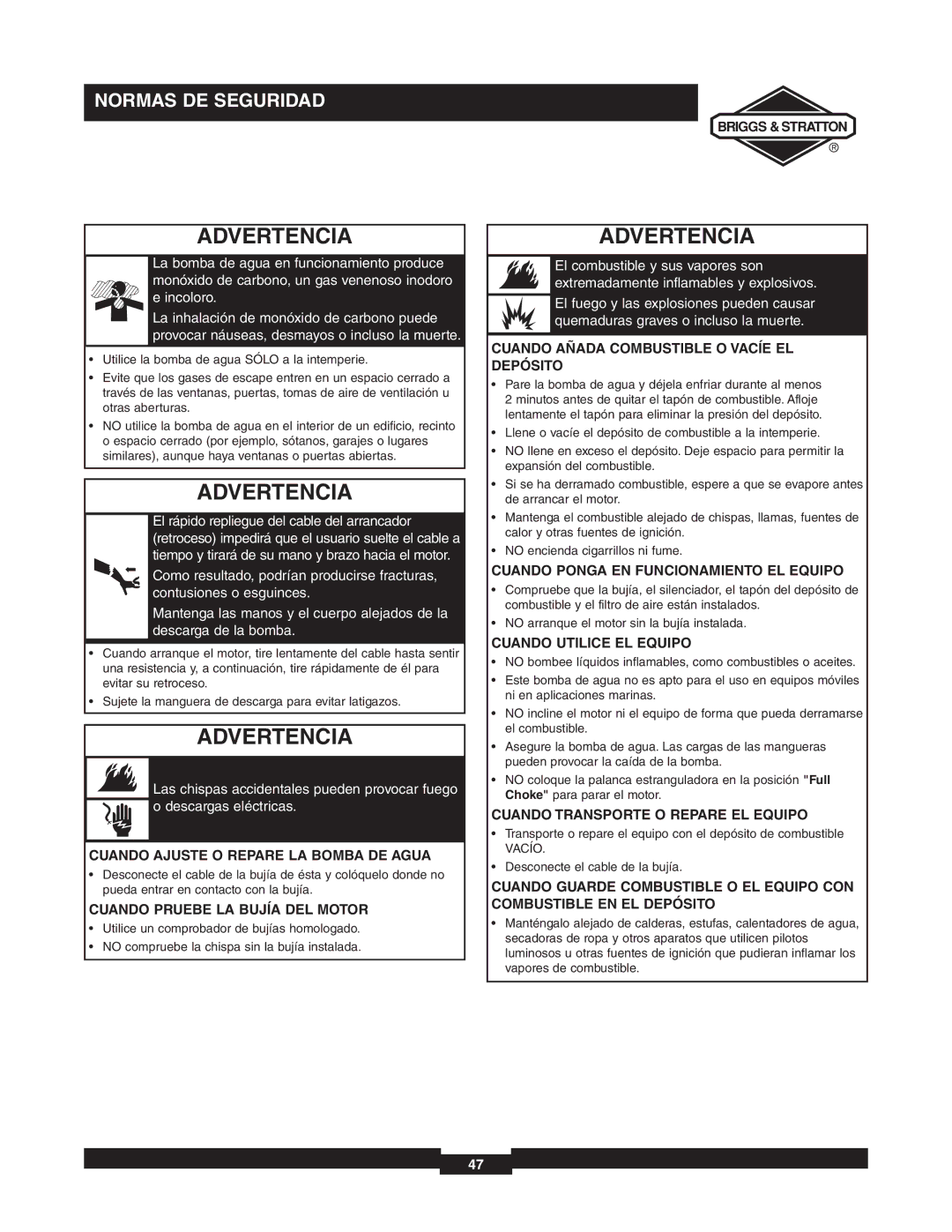 Briggs & Stratton 073000 manuel dutilisation Cuando Ajuste O Repare LA Bomba DE Agua, Cuando Pruebe LA Bujía DEL Motor 