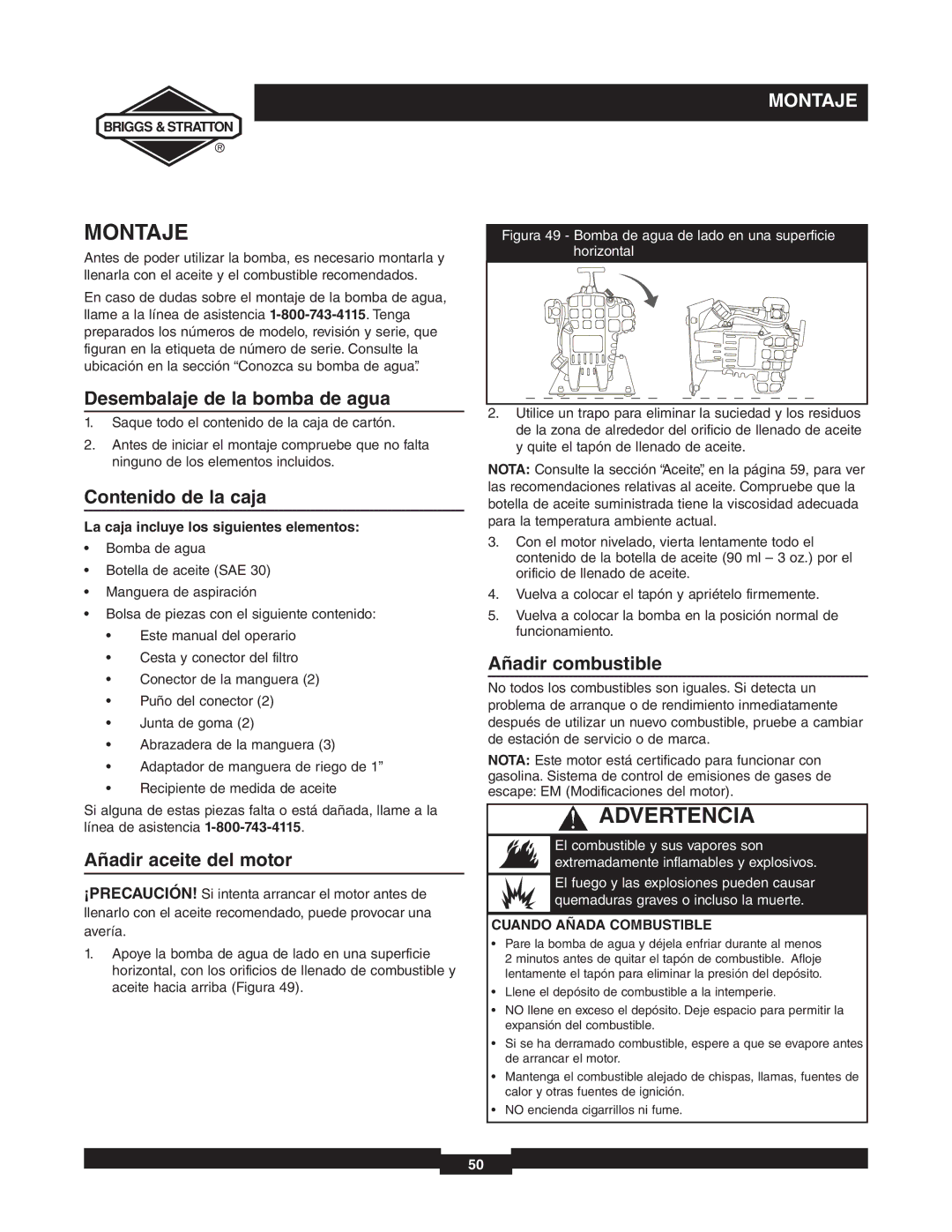 Briggs & Stratton 073000 Montaje, Desembalaje de la bomba de agua, Contenido de la caja, Añadir aceite del motor 