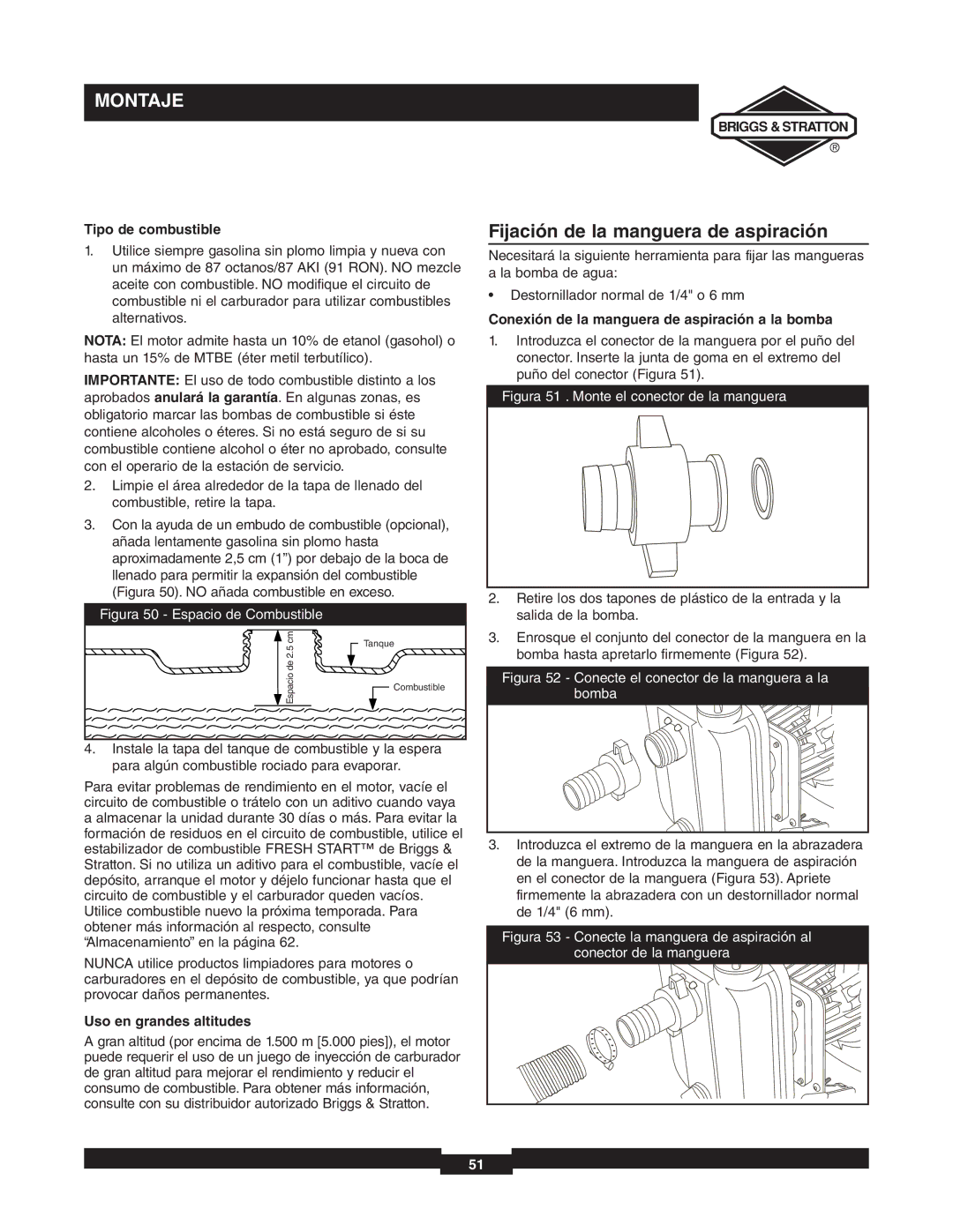 Briggs & Stratton 073000 Fijación de la manguera de aspiración, Tipo de combustible, Uso en grandes altitudes 