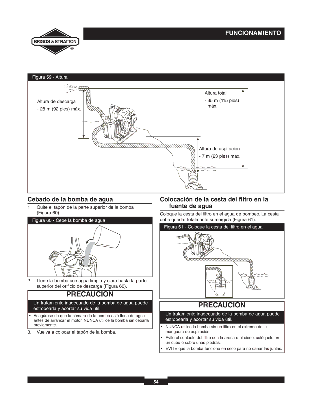 Briggs & Stratton 073000 Cebado de la bomba de agua, Colocación de la cesta del filtro en la fuente de agua 