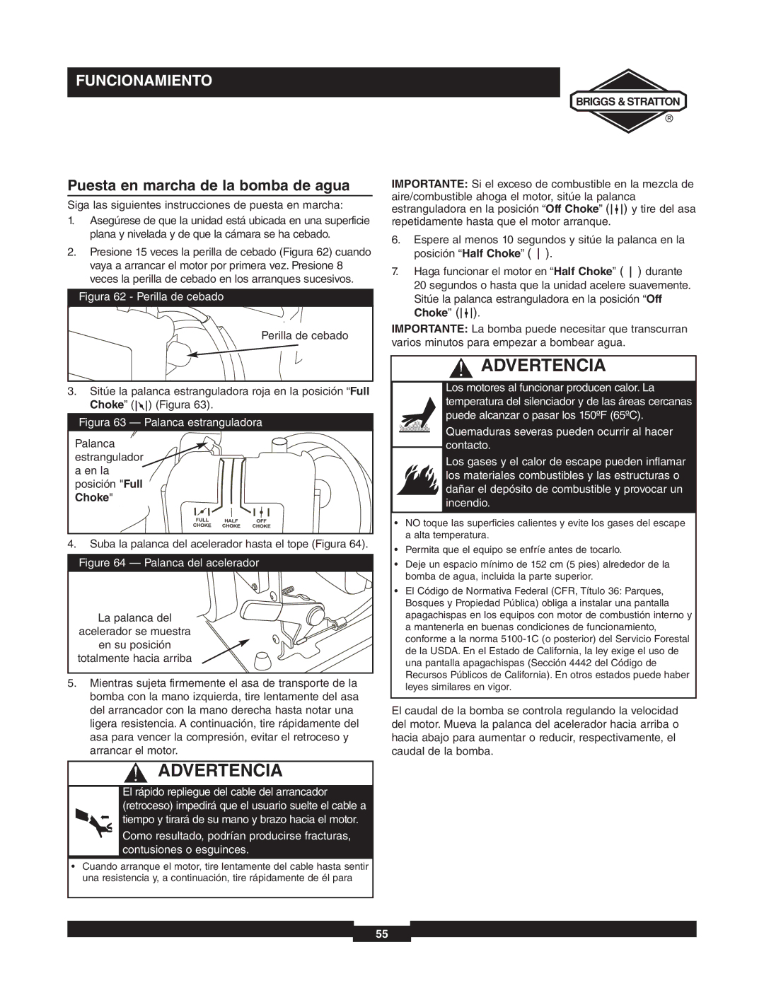 Briggs & Stratton 073000 manuel dutilisation Puesta en marcha de la bomba de agua, Choke 