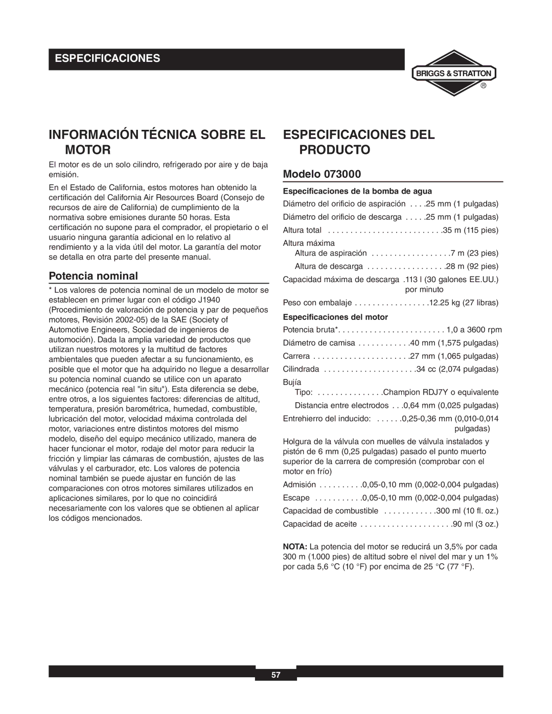 Briggs & Stratton 073000 Información Técnica Sobre EL Motor, Especificaciones DEL Producto, Potencia nominal, Modelo 