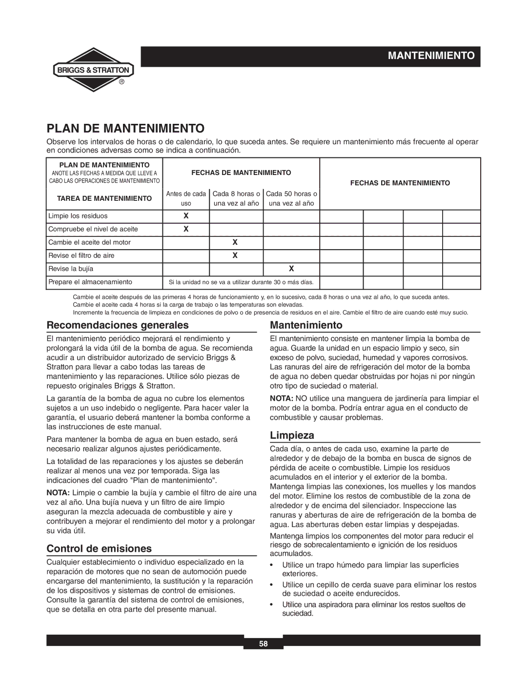 Briggs & Stratton 073000 Plan DE Mantenimiento, Recomendaciones generales, Control de emisiones, Limpieza 