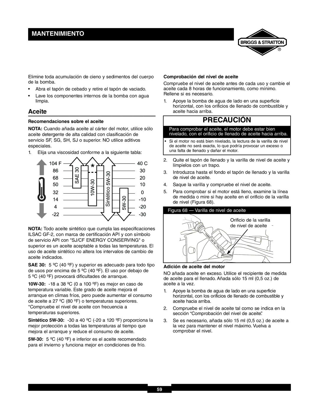 Briggs & Stratton 073000 manuel dutilisation Aceite, Recomendaciones sobre el aceite, Comprobación del nivel de aceite 