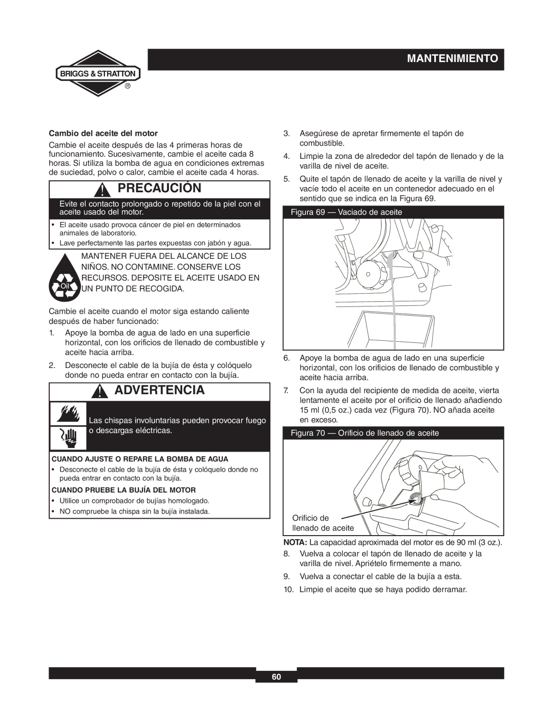 Briggs & Stratton 073000 manuel dutilisation Cambio del aceite del motor, Cuando Ajuste O Repare LA Bomba DE Agua 