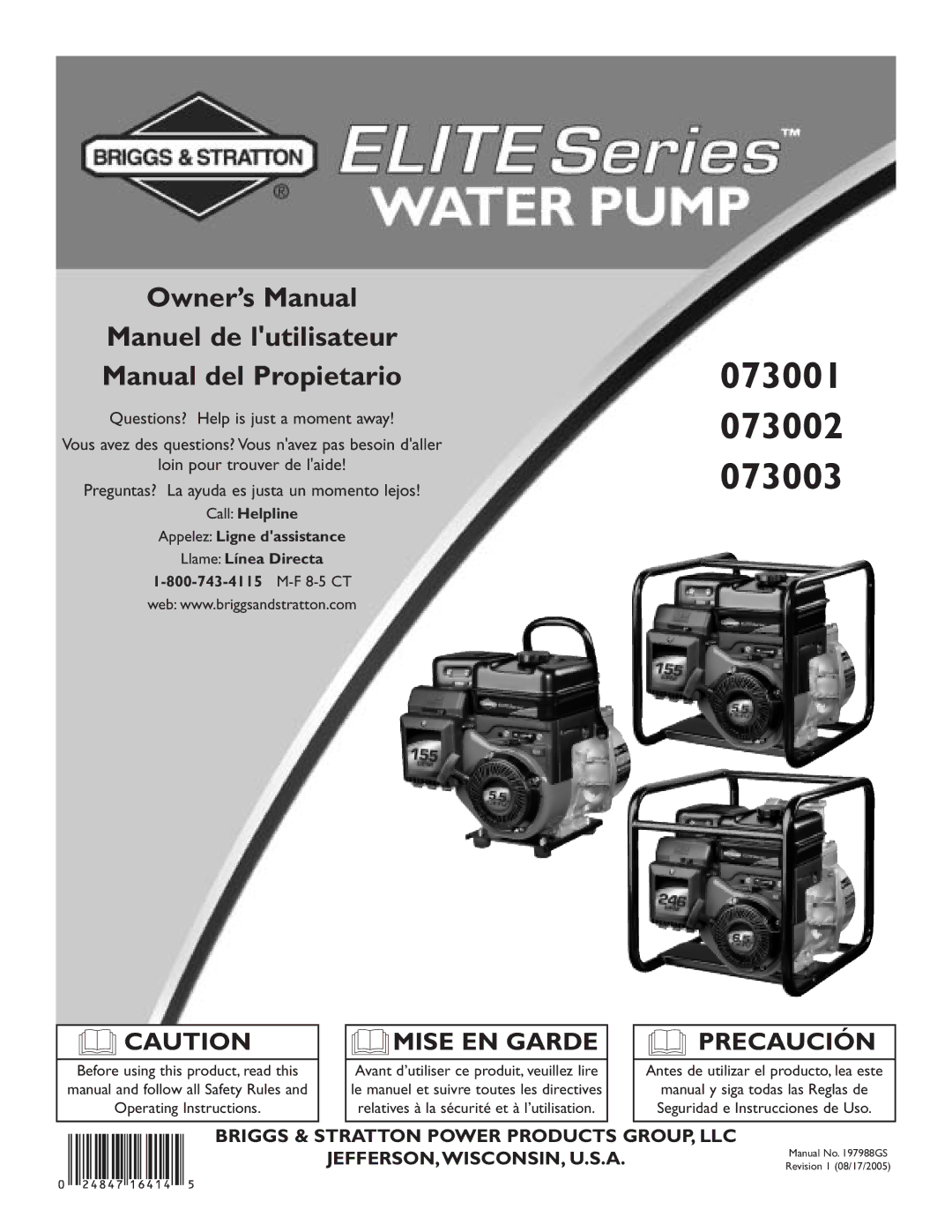 Briggs & Stratton 073001, 073002, 073003 owner manual Manuel de lutilisateur Manual del Propietario 