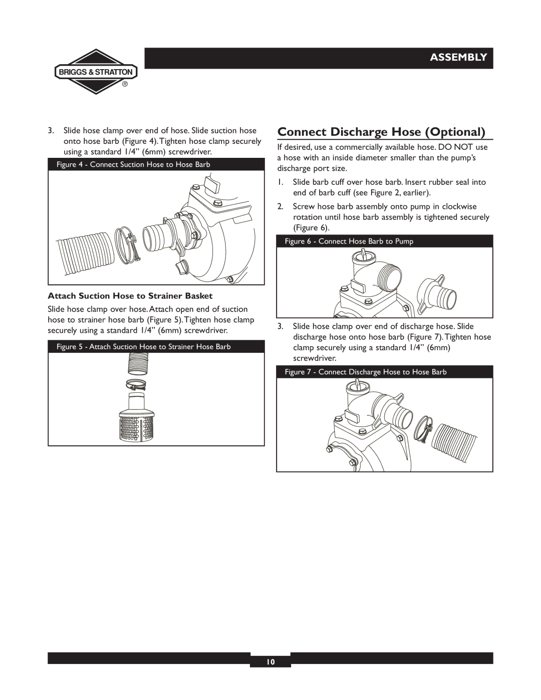 Briggs & Stratton 073001, 073002, 073003 owner manual Connect Discharge Hose Optional, Attach Suction Hose to Strainer Basket 