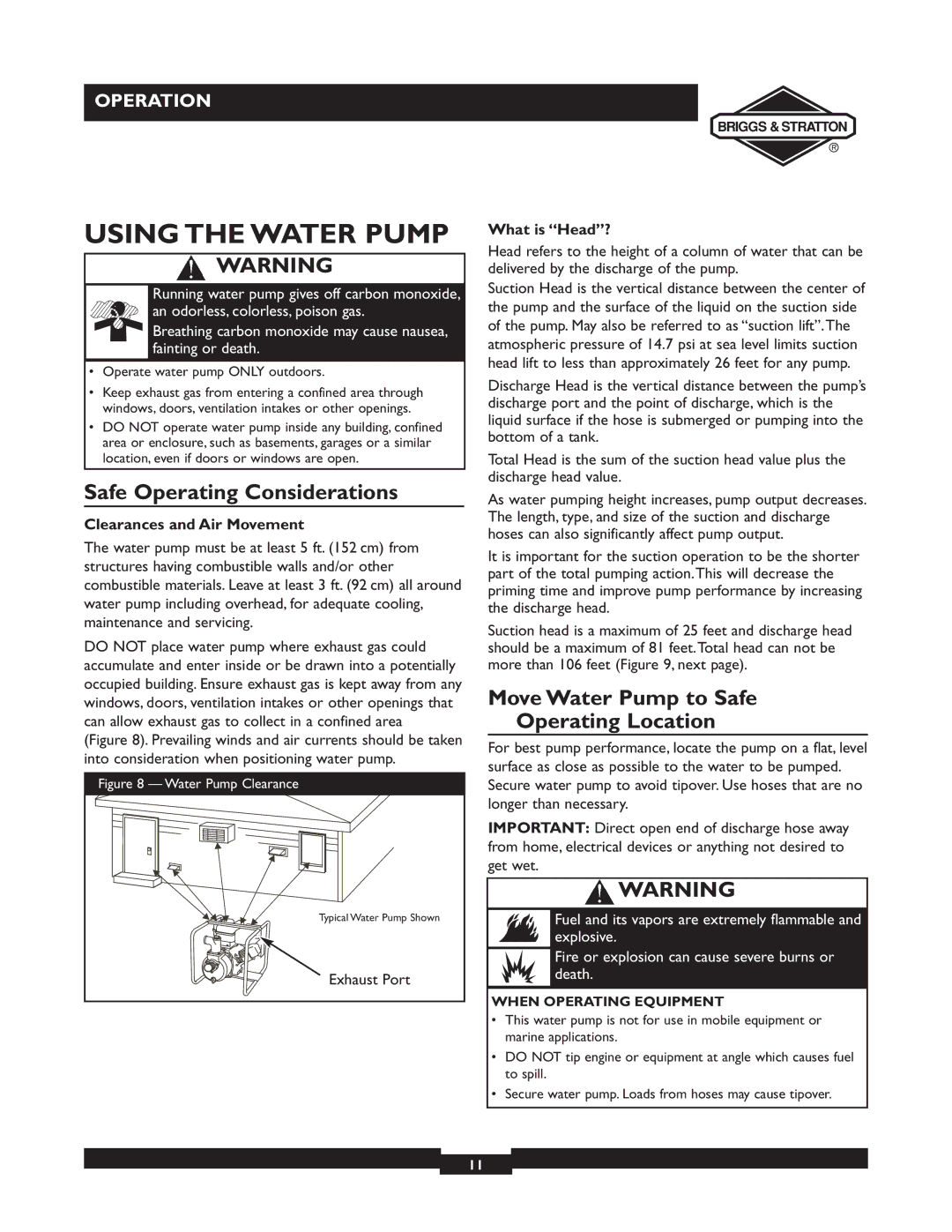 Briggs & Stratton 073003 Using the Water Pump, Safe Operating Considerations, Move Water Pump to Safe Operating Location 